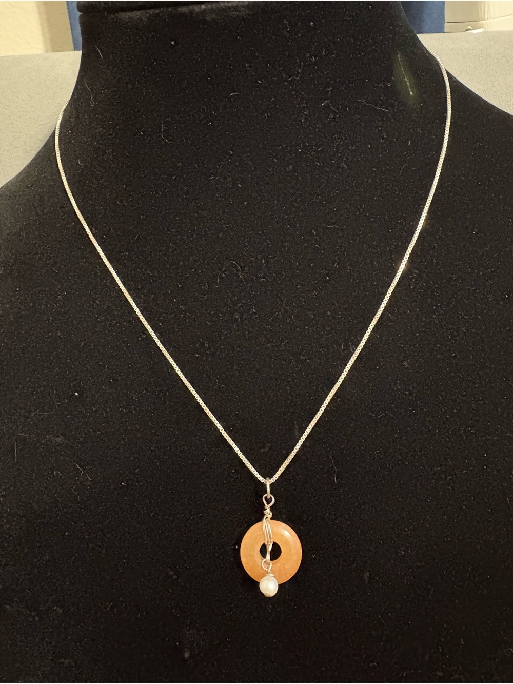 Genuine Orange Jade Donut And Pearl Pendant Sterling Box Chain 925 16”